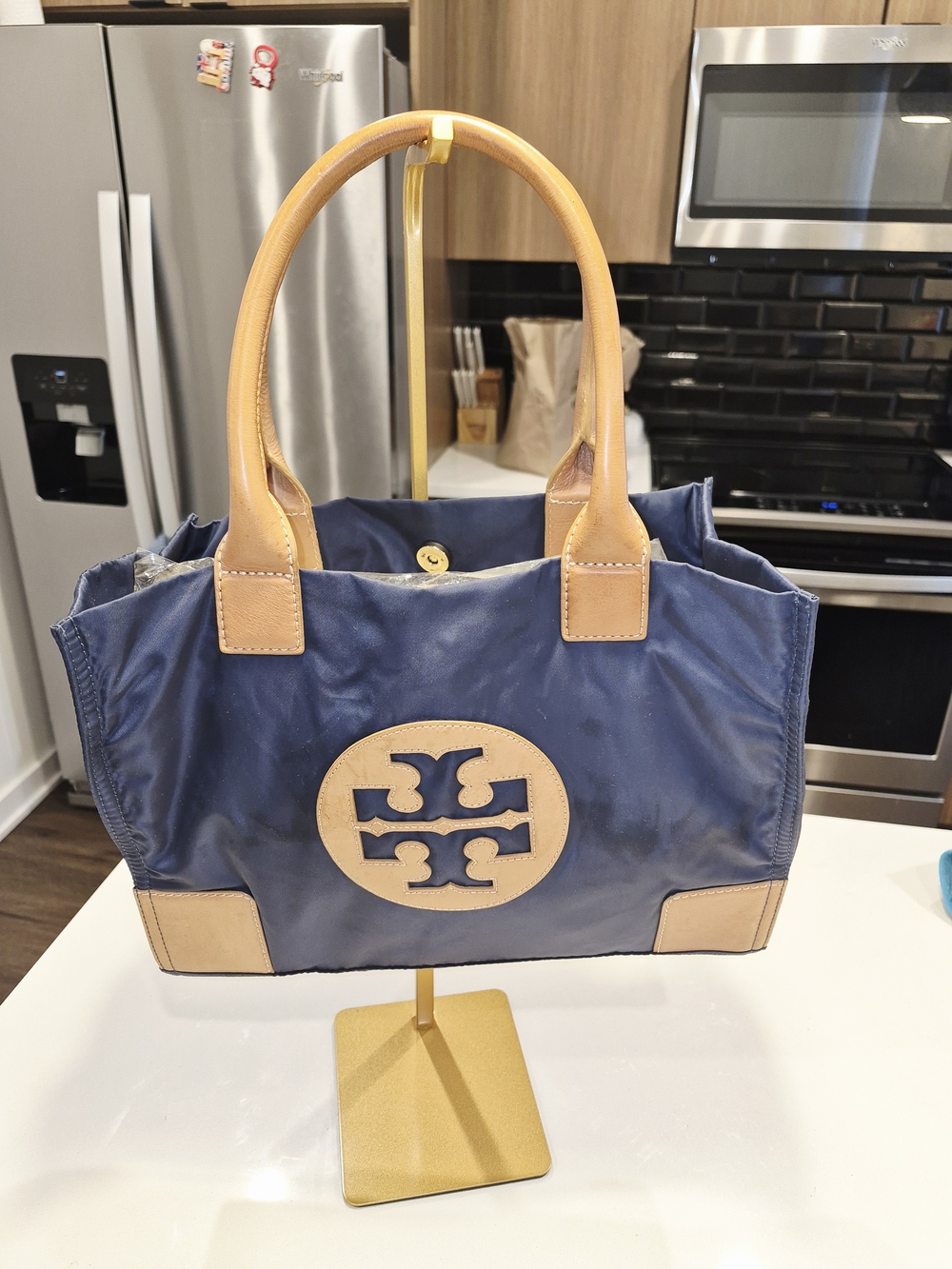 Tory Burch Navy Nylon Tote with Tan Leather Trim